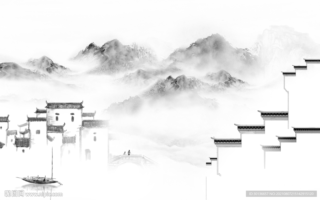 徽派灰色山水画 TIF分层图