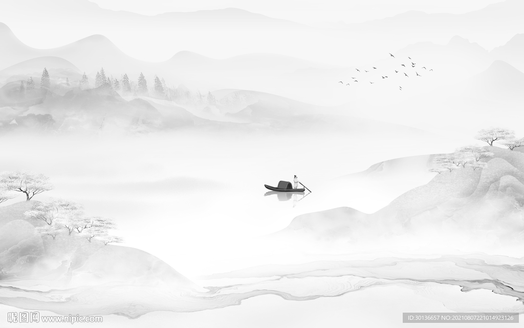 灰色大气山水画 TIF分层图