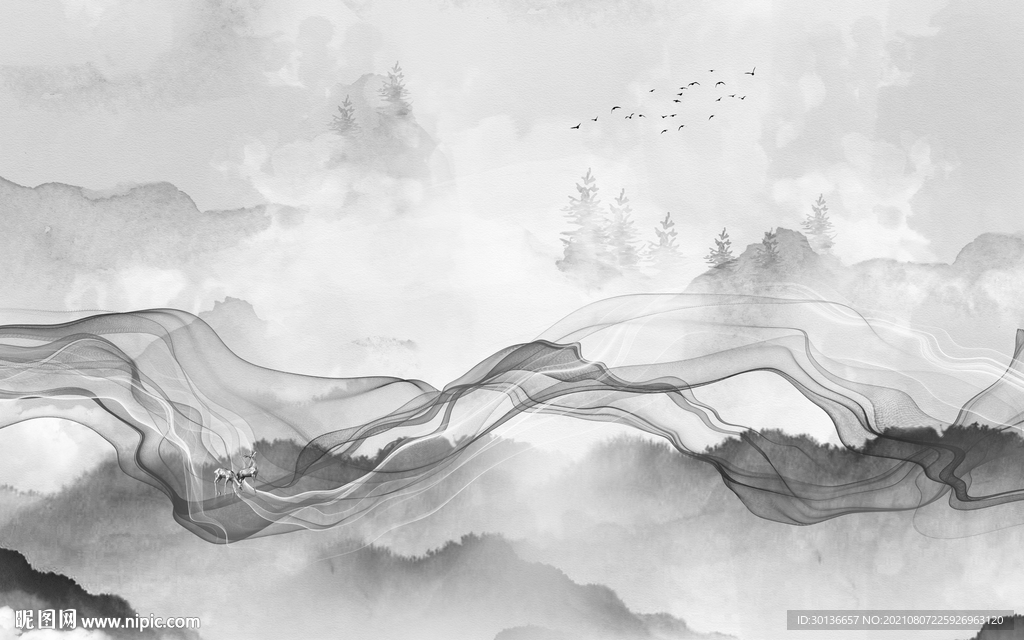 高清 灰色山水 TIF文件分层