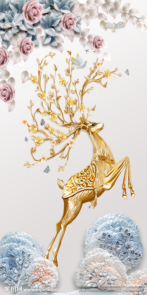 小鹿发财树背景墙