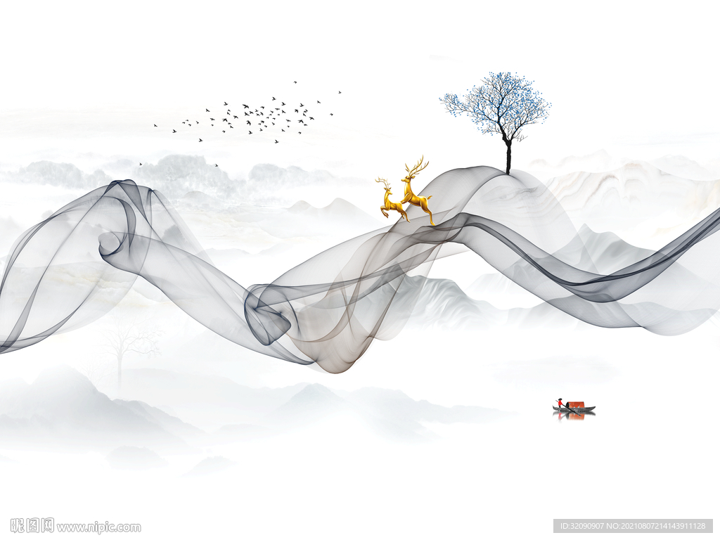 大理石小鹿飘带背景墙