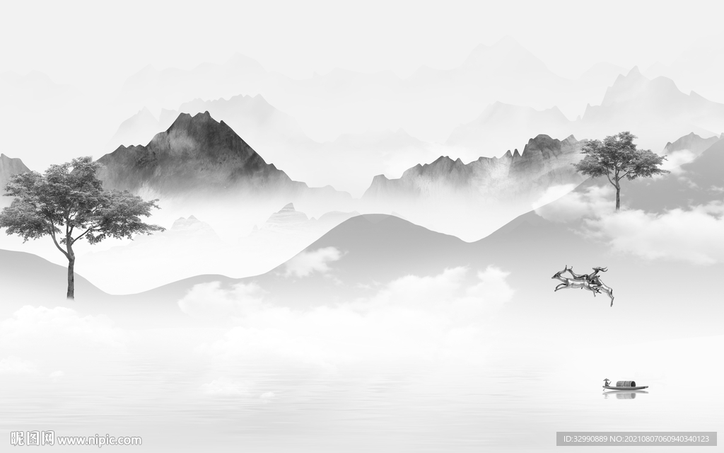 新品灰色山水 TIF分层画 