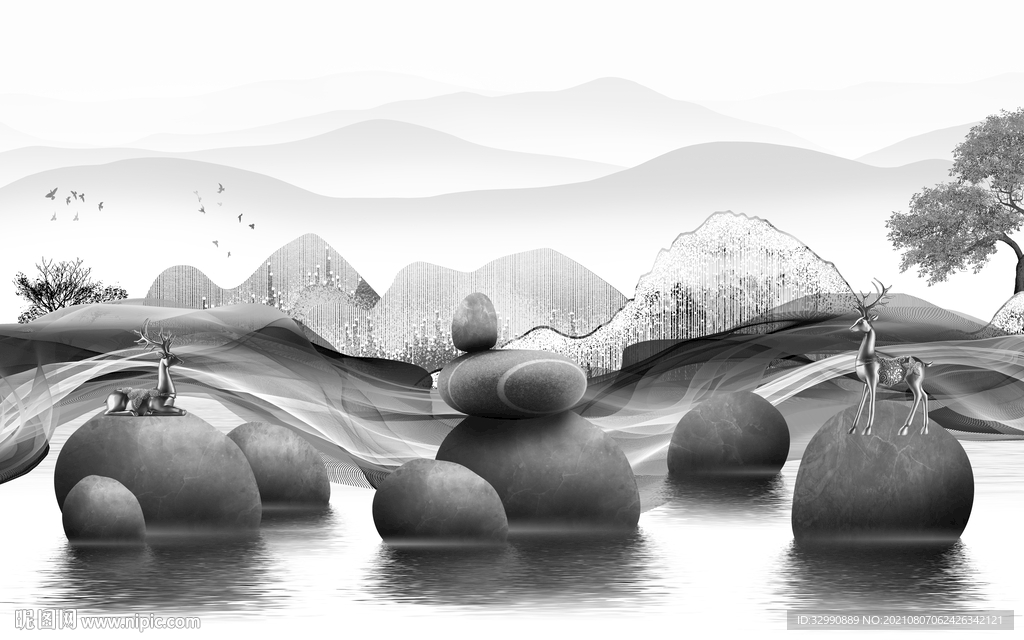 中式灰色山水 TIF分层画 