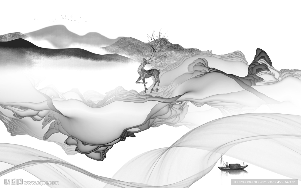 现代 灰色山水 TIF分层画 