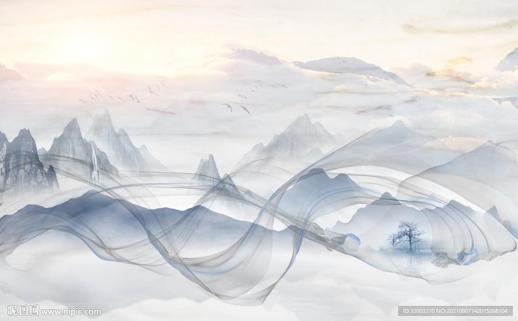 抽象飘带新中式山水背景墙