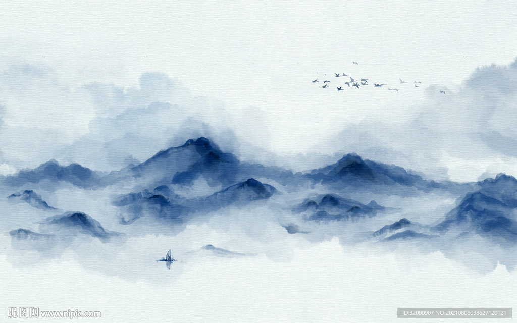 新中式蓝色山水飞鸟背景墙