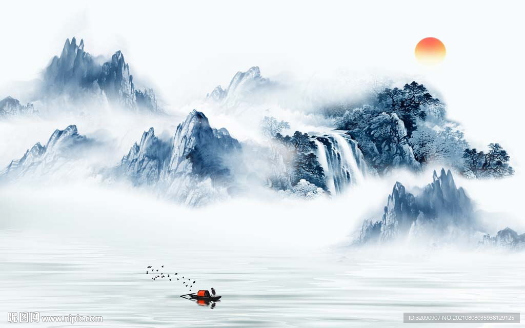 新中式蓝色山水背景