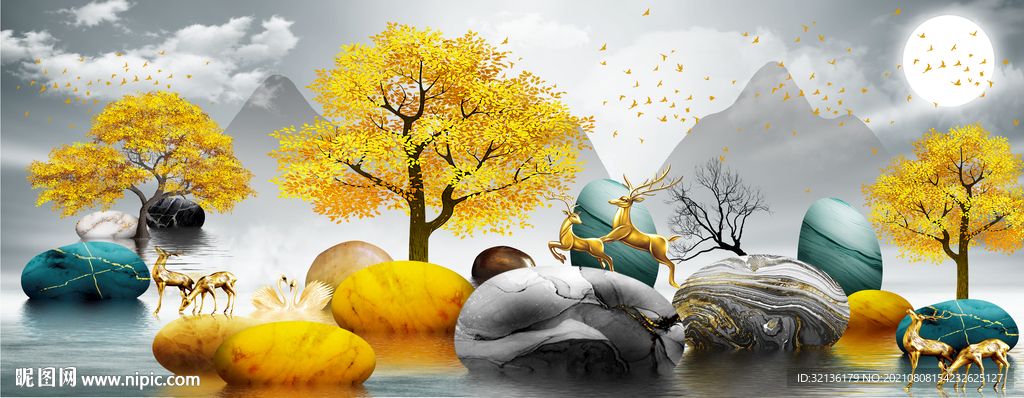 新中式麋鹿轻奢装饰画