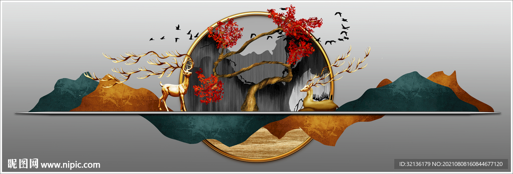 新中式麋鹿轻奢装饰画