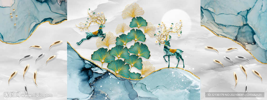 新中式麋鹿轻奢装饰画