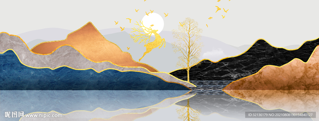 新中式轻奢麋鹿山水装饰画