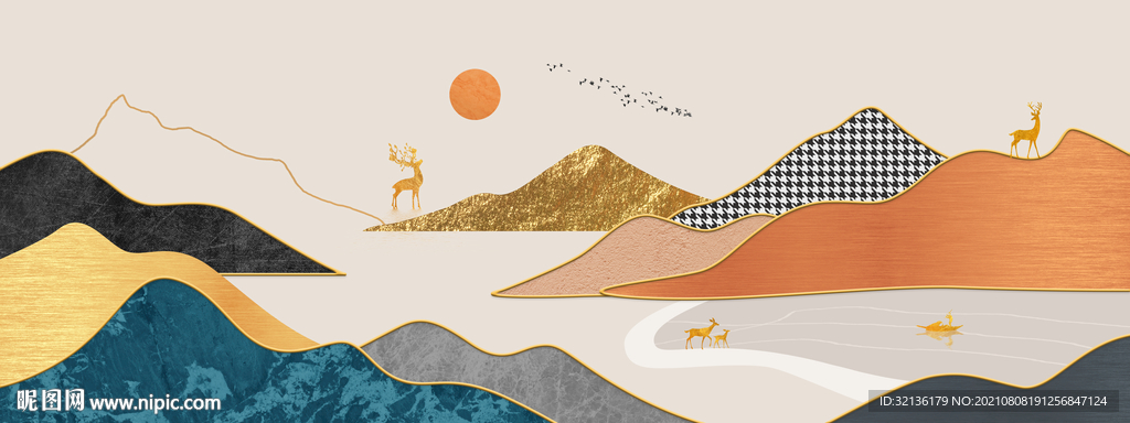 新中式轻奢麋鹿山水装饰画