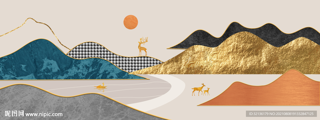 新中式轻奢麋鹿山水装饰画