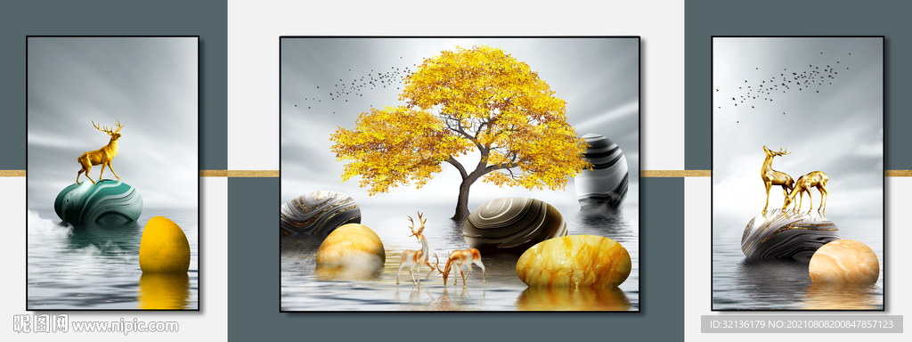 新中式轻奢麋鹿装饰画