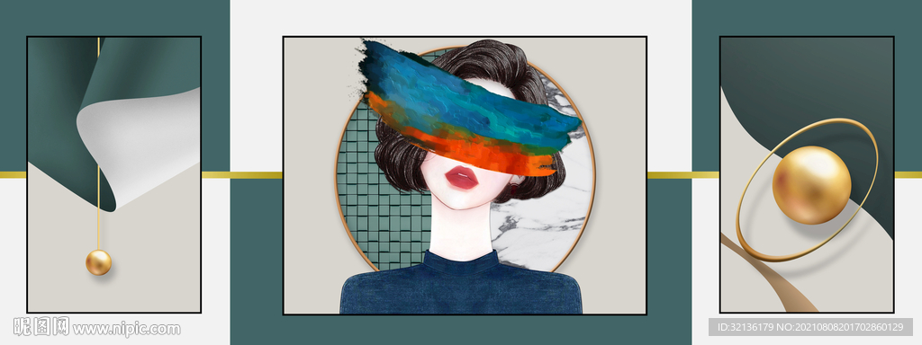 现代几何抽象轻奢美女客厅装饰画