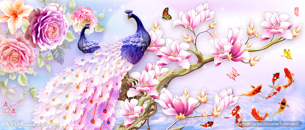 牡丹玉兰孔雀图装饰画