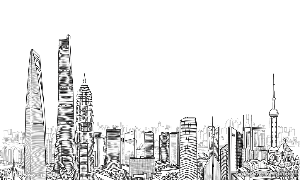 上海城市线描素描手绘