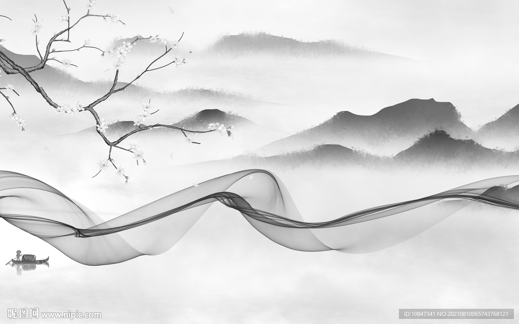 中国风灰色山水背景 TIF分层