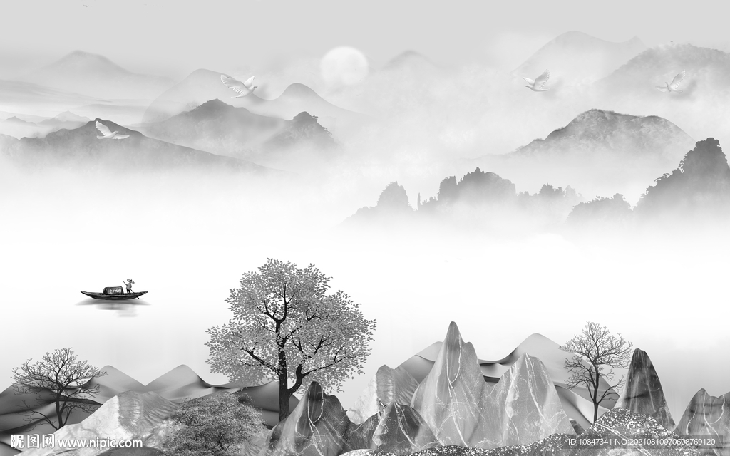 最新灰色山水背景 TIF分层