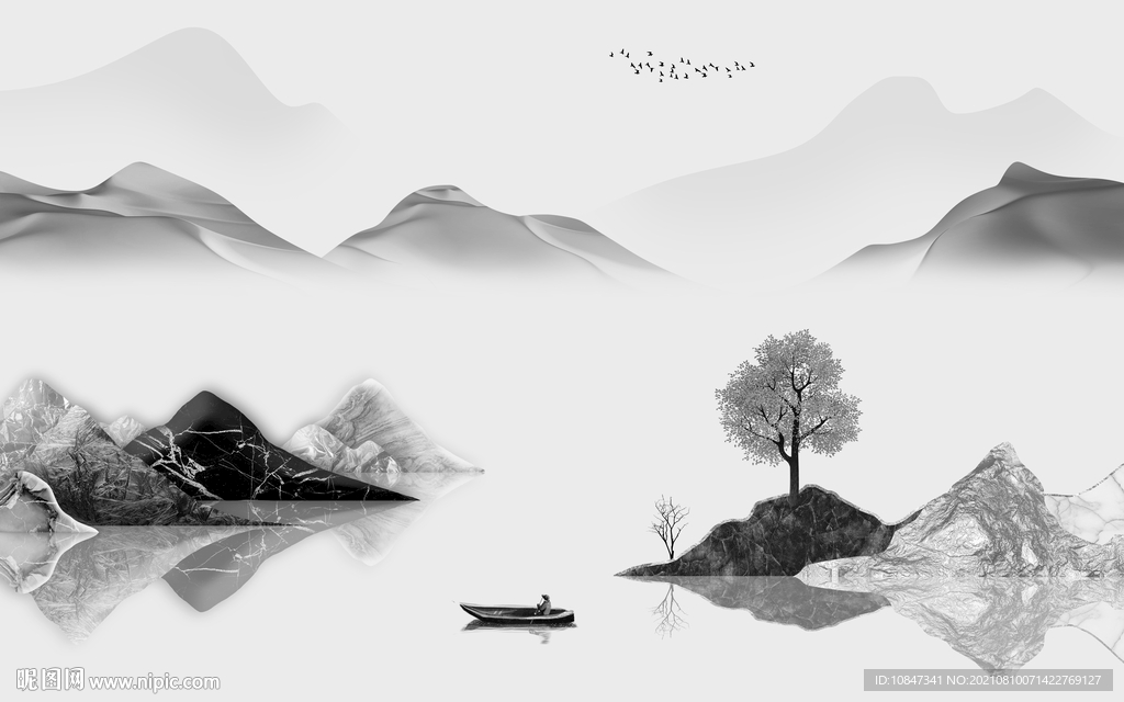 新中式灰色山水背景 TIF分层