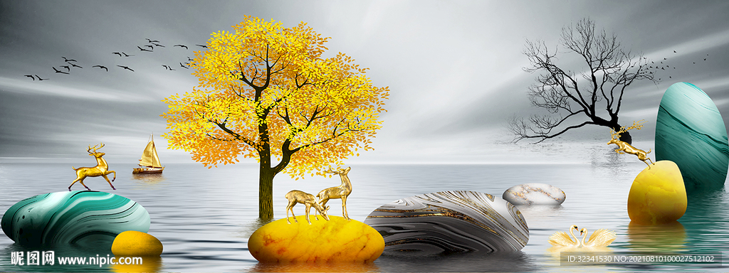 家和万事兴石来运转麋鹿装饰画