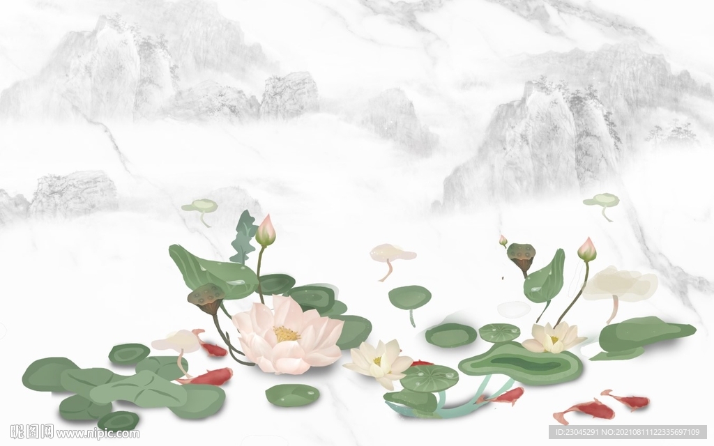 荷花新中式背景墙