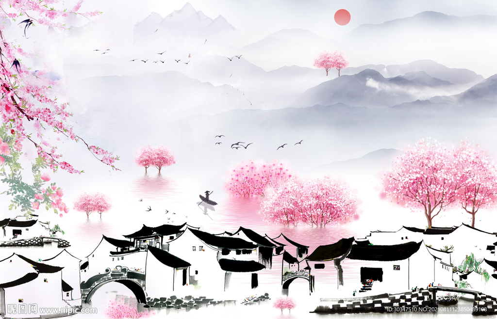 新中式江南水乡水墨山水画