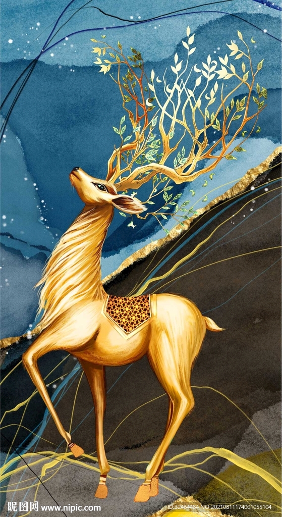 金色发财鹿玄关画