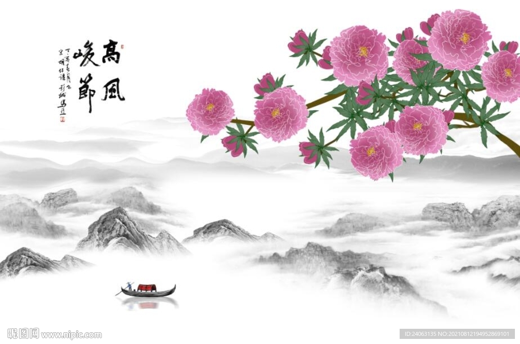 牡丹山水情背景墙