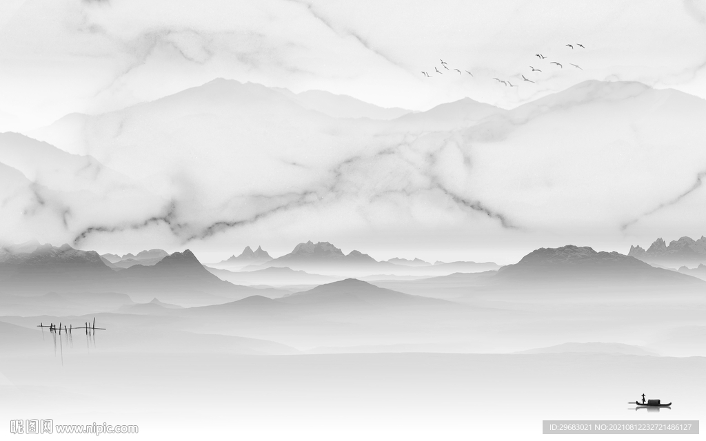 高清大气灰山水画 tif分层