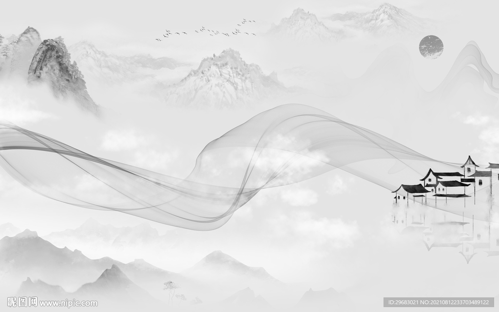 现代大气灰山水画 tif分层