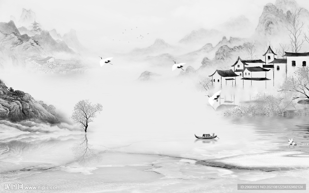 江南 大气灰山水画 tif分层