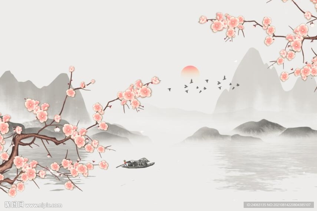 工笔梅花山水背景墙