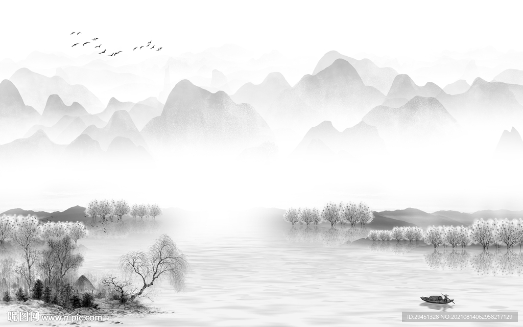 中国风中式灰色山水 tif分层