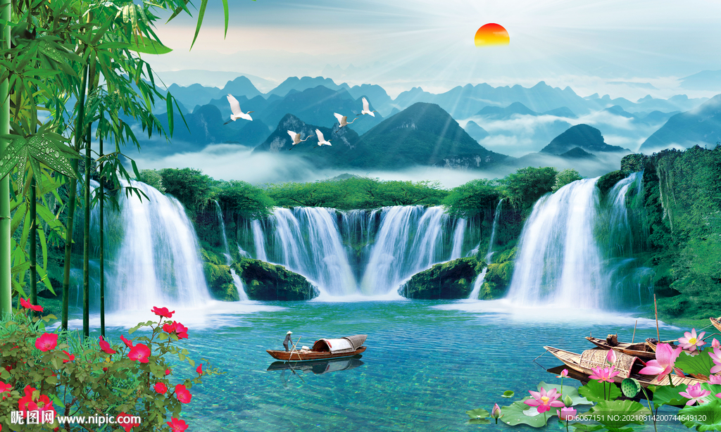 山水风景画瀑布背景墙