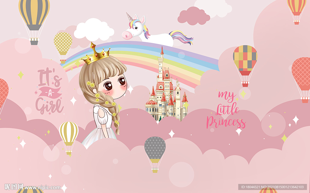 卡通公主城堡热气球儿童房背景墙