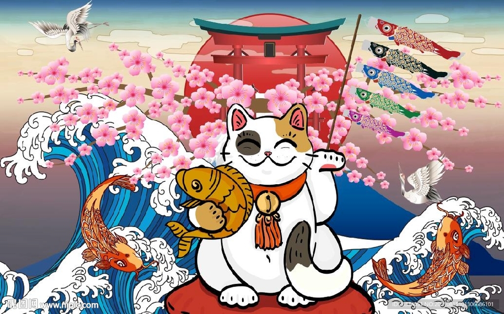 浮世绘招财猫日本料理餐饮背景墙