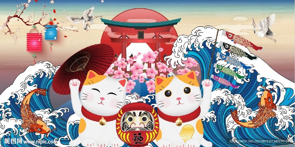 浮世绘招财猫日本料理餐饮背景墙