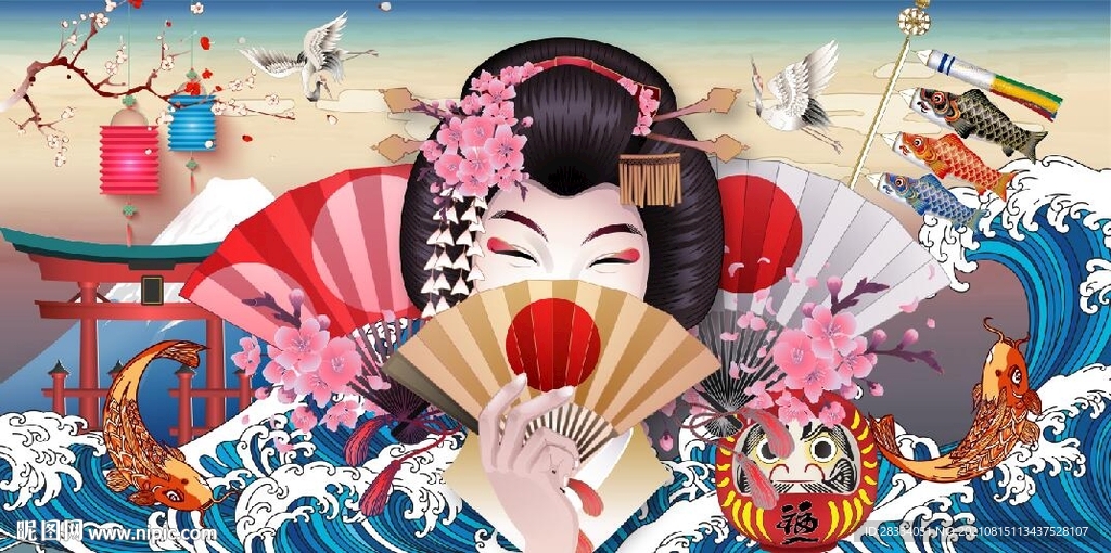 浮世绘日本料理餐饮背景墙