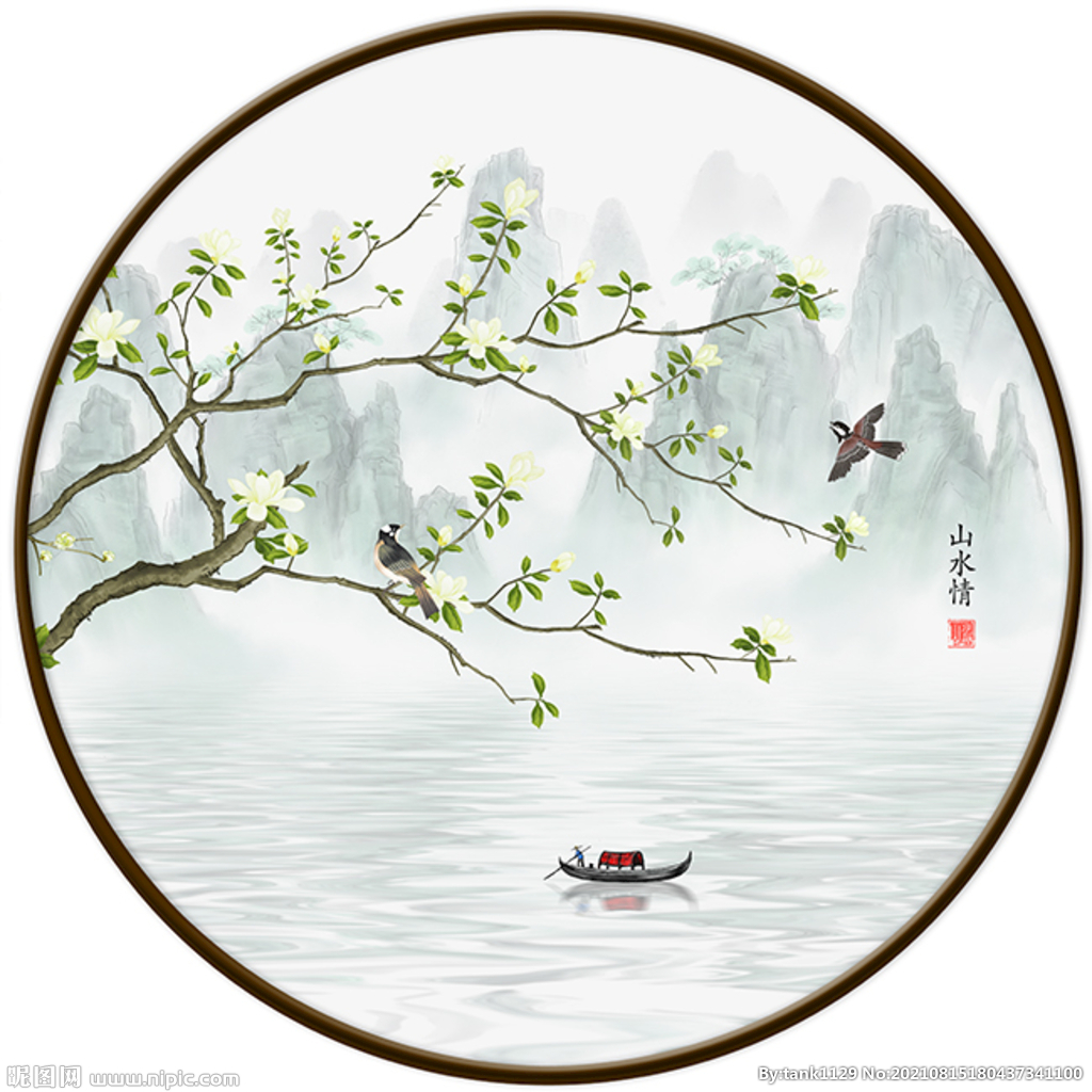 手绘玉兰花鸟山水装饰画