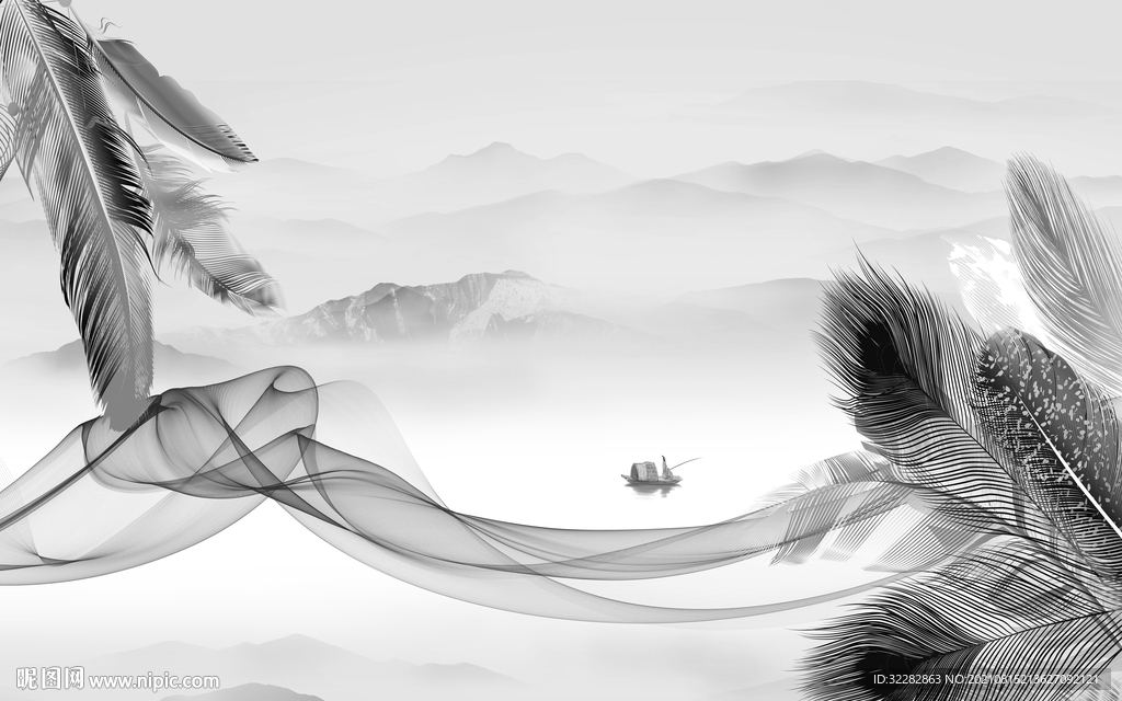 羽毛 意境灰色山水 TIF分层