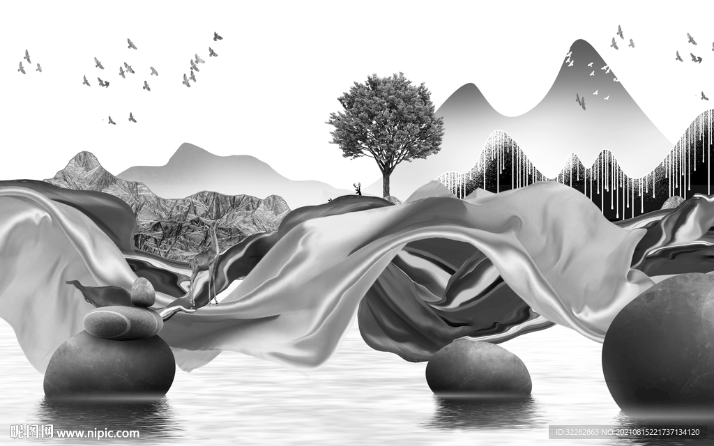 最新客厅灰色山水 TIF分层