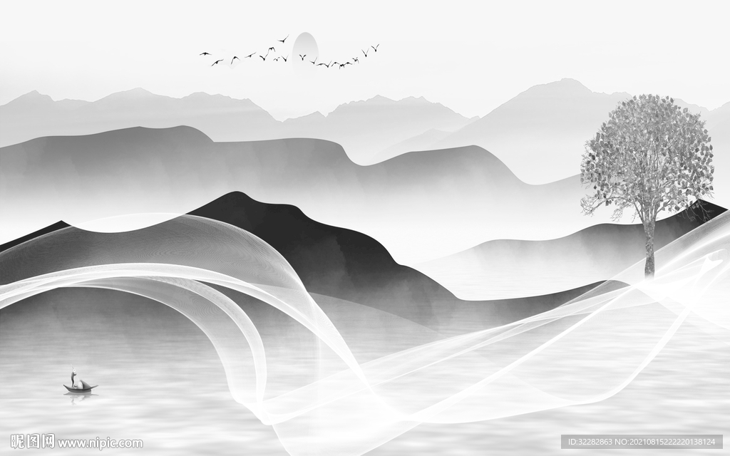 意境客厅灰色山水 TIF分层