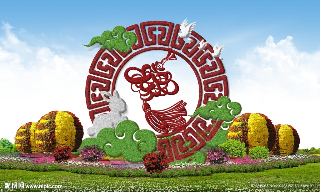 中国结春节绿雕立体花坛造型