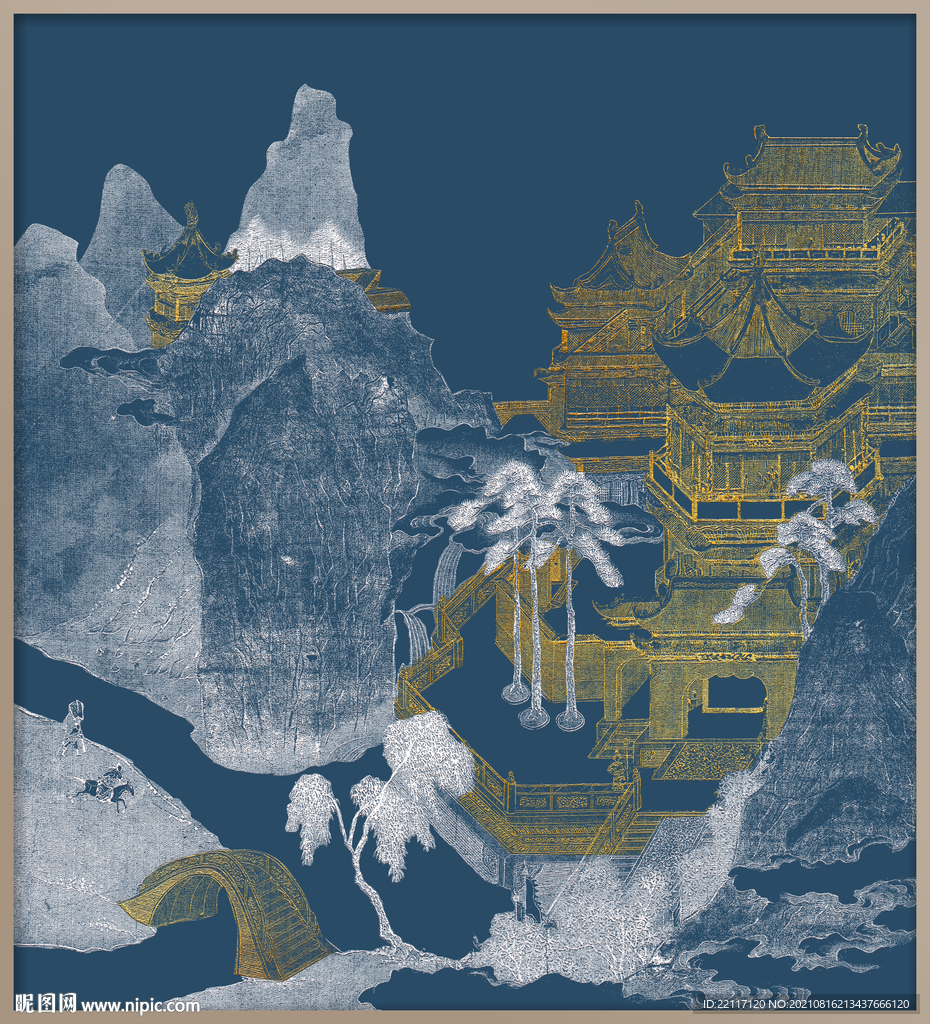 楼阁山水线描肌理装饰画