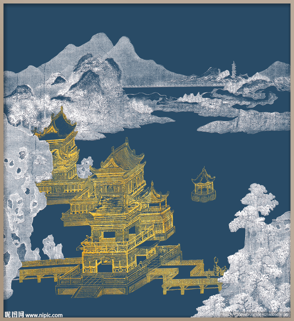 古建筑楼阁线描宫廷国画