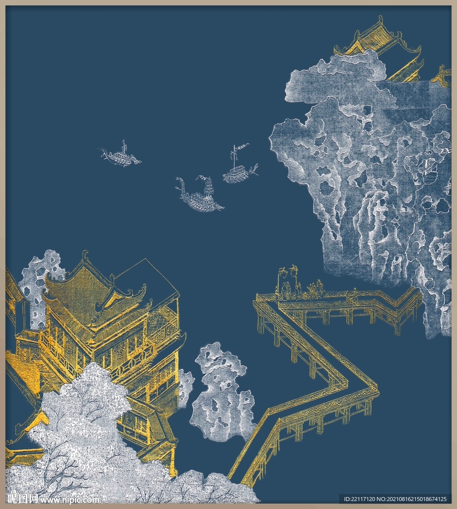  金色古建筑楼阁楼台楼亭装饰画
