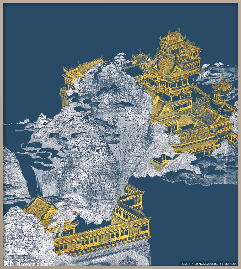 轻奢金色楼阁国画装饰画