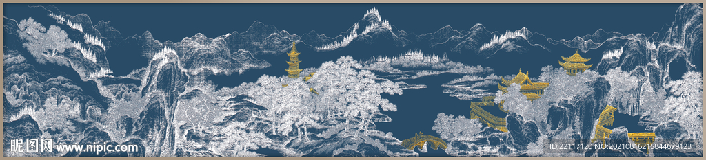 楼阁山水线稿肌理装饰画