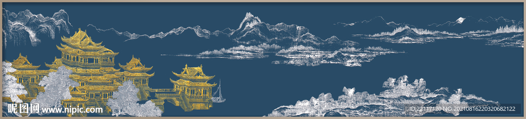 楼阁建筑山水线稿巨幅装饰画